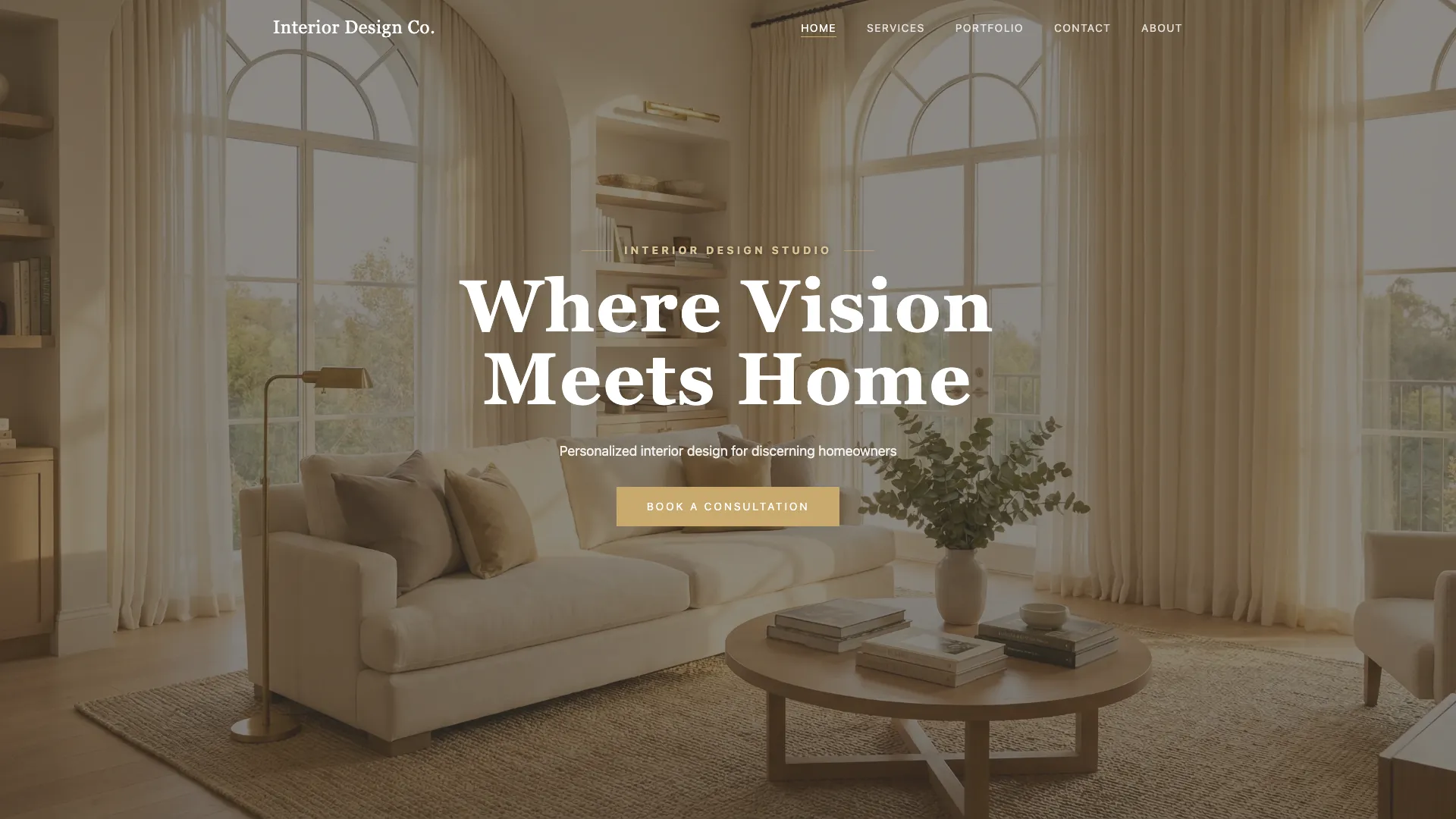 Interior Design Co. website hero section showcasing refined interior spaces